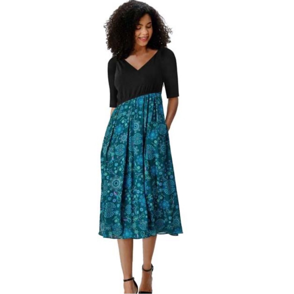 Wayward Fancies Eshakti Cotton Jersey &  Floral  Crepe Asymmetric Waist Dress 1X